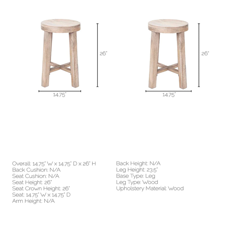 Brahma 26" Total Height White Washed Wood Stool
