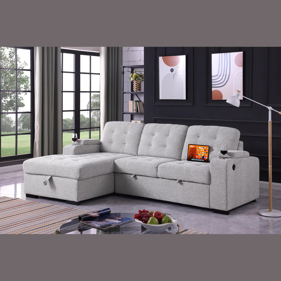 Voss Media Sleeper Sectional in with USB and Cup Holder