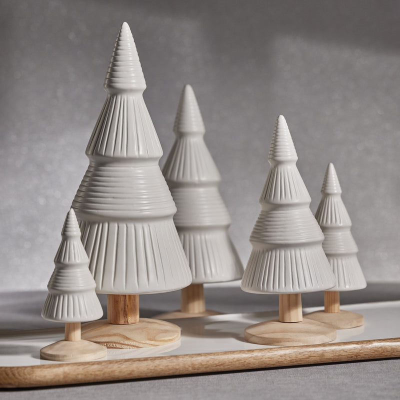 Alpine Ceramic Tree on Natural Wood Base - White