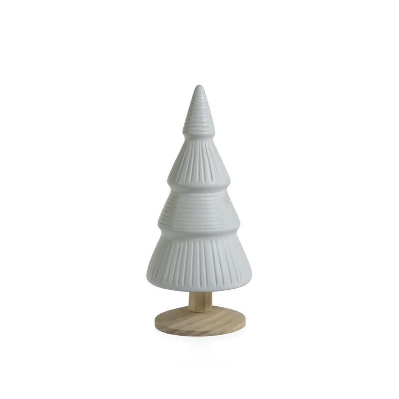 Alpine Ceramic Tree on Natural Wood Base - White