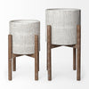 Groot Set Of Two 11.8 X 23 Eggshell Ceramic Wooden Base Plant Stands