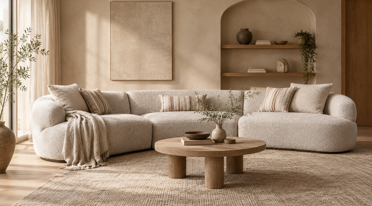 Cream bouclé sectional sofa with neutral striped cushions in a warm minimalist Japandi living room, featuring a natural wood coffee table, textured area rug, and soft daylight.