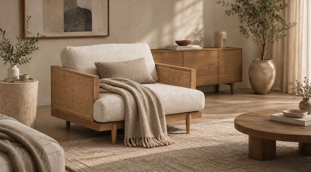 Cream boucle lounge chair with woven cane sides, oak frame, and a soft throw blanket in a premium Japandi Scandinavian living room.