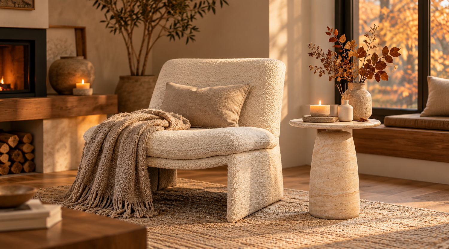 Cozy fall hygge living room featuring a cream bouclé accent chair, beige travertine side table, soft knit throw, decorative candles, ceramic vases, and warm autumn sunlight in a minimalist Japandi-style interior.