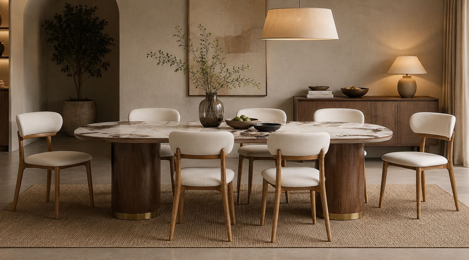 Luxury Japandi dining room with marble table, six upholstered chairs and warm walnut furniture