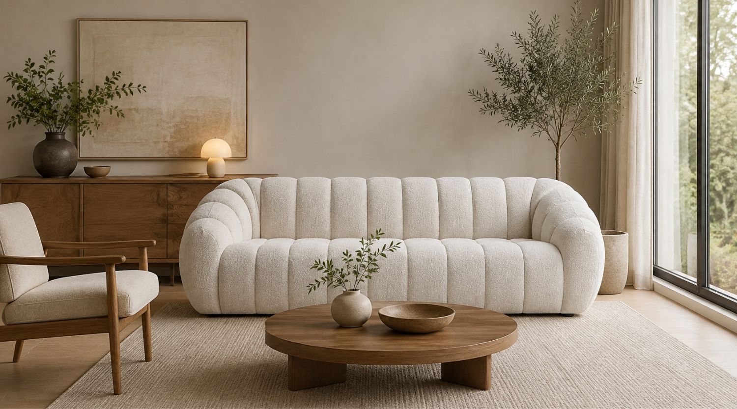 Ivory channel-tufted sofa in a modern Scandinavian living room with a wooden coffee table and neutral decor