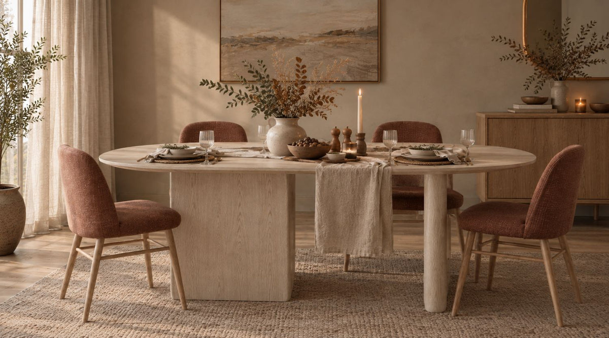 Scandinavian Thanksgiving dining room with a natural wood dining table, warm neutral linen runner, ceramic tableware, dried branches, subtle candlelight, rust-colored dining chairs, and cozy autumn decor.