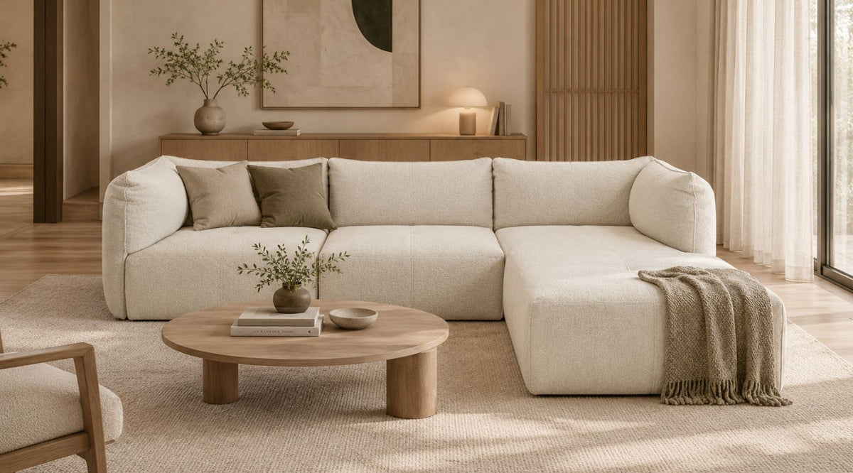 Japandi-style living room featuring a cream L-shaped sectional sofa, beige textured rug, light oak coffee table, neutral decor, and warm natural wood accents.