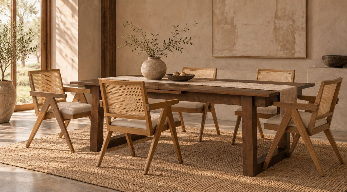 Warm wabi-sabi dining room featuring a dark wood dining table surrounded by matching cane-back wooden chairs, styled with a ceramic vase, natural branches, candles, and neutral décor.