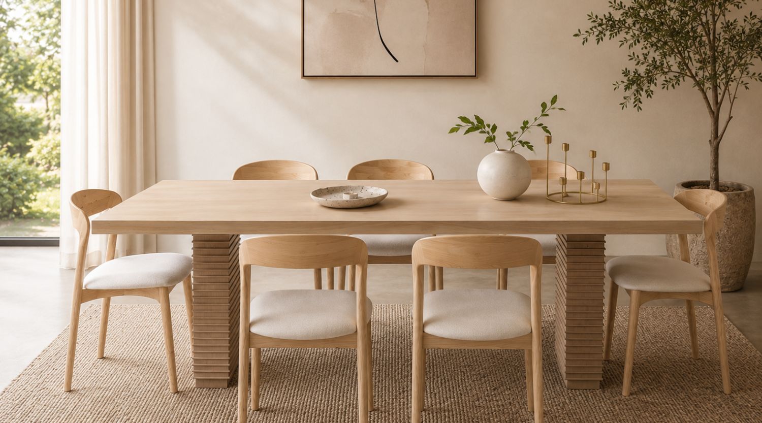 Japandi-style dining room featuring a light wood dining table with matching upholstered chairs, neutral décor, ceramic vase, candle holder, and large windows with soft natural light.