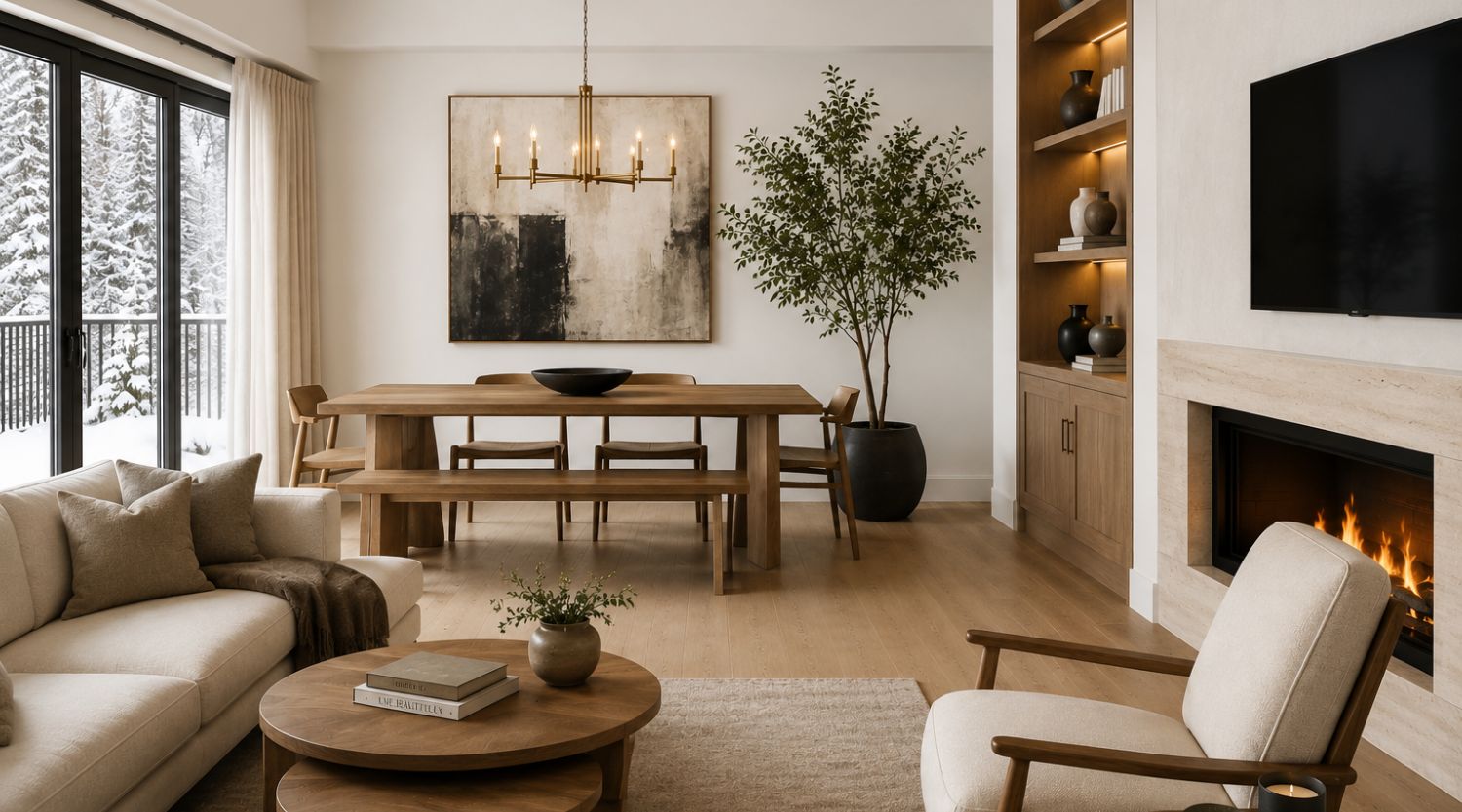 Modern Canadian living room and dining space with solid wood furniture, neutral upholstery, fireplace, and large windows showcasing durable furniture for Canada's changing climate.