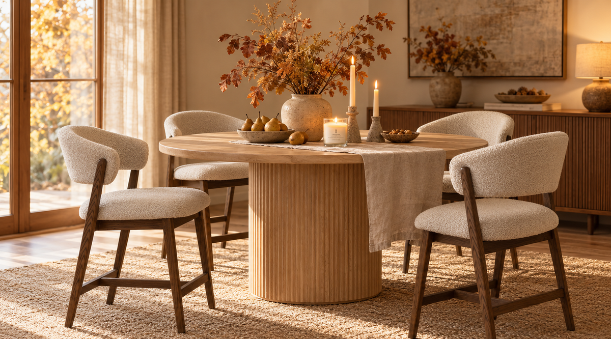 Cozy Scandinavian fall dining room with a wooden pedestal table, upholstered chairs, autumn decor, and warm candlelight.