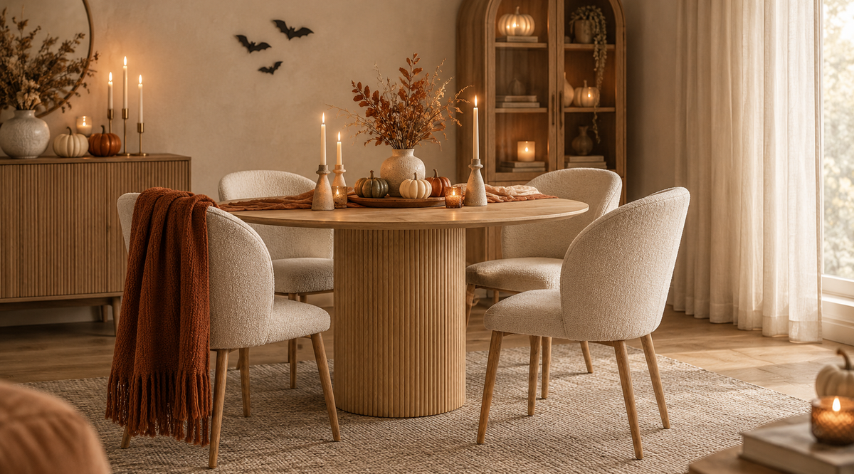 Soft Halloween dining room with a light oak table, cream chairs, ceramic decor, and warm candlelight.