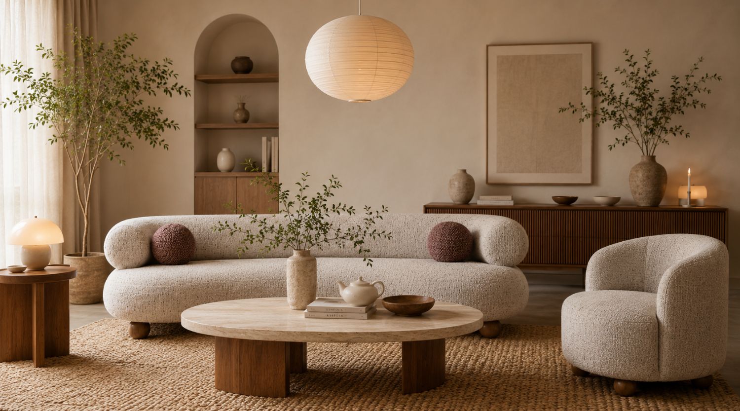 Japandi and Scandinavian living room with a cream boucle sofa, natural wood coffee table, textured rug, ceramic decor, and warm neutral interiors