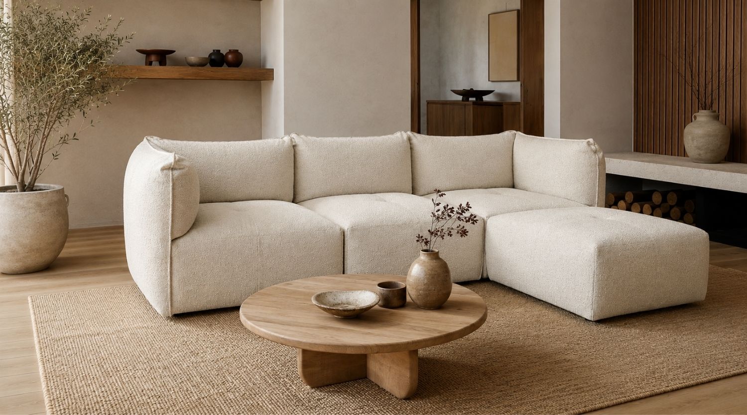 Cream bouclé sectional sofa in a warm minimalist Japandi living room with a round wooden coffee table, woven neutral rug, natural wood flooring, ceramic décor, and soft natural lighting.