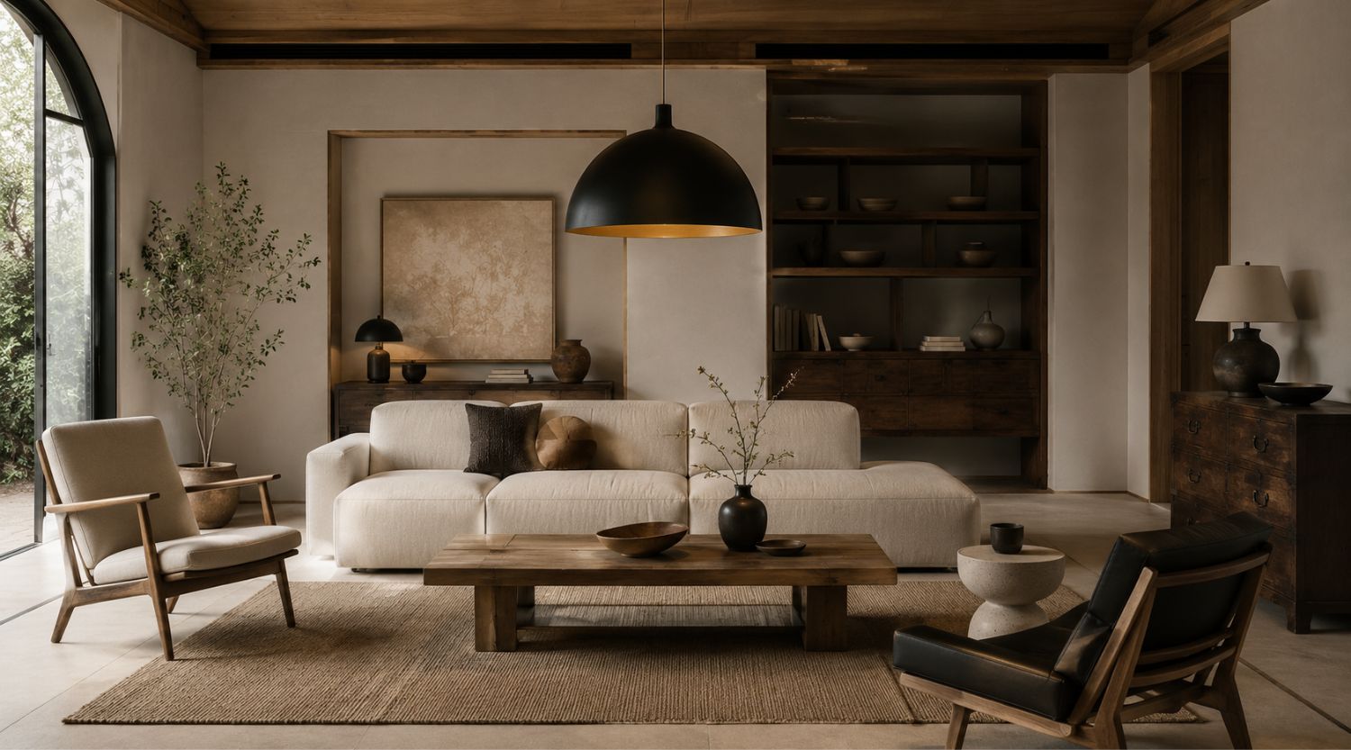 Modern living room blending classic wood furniture with contemporary sofa and Japandi-inspired luxury décor
