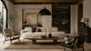 Modern living room blending classic wood furniture with contemporary sofa and Japandi-inspired luxury décor