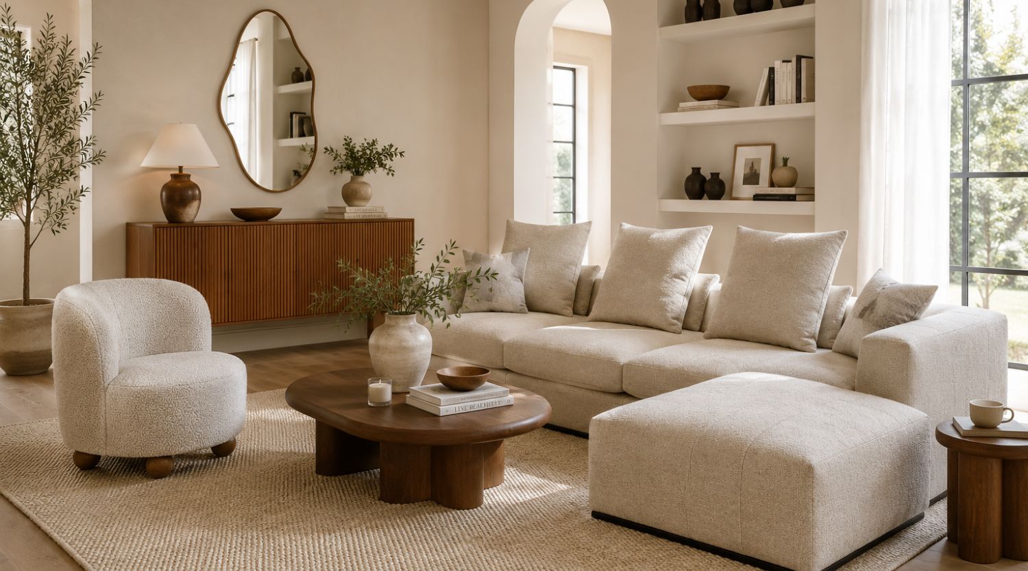 Luxury modern living room featuring a cream sectional sofa and matching boucle accent chair in a bright Japandi-inspired interior with warm wood furniture and neutral décor.