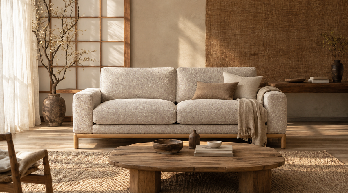 Premium Japandi Scandinavian living room featuring a beige upholstered loveseat with a natural wood frame, textured neutral rug, wooden coffee table, woven décor, and soft natural daylight.