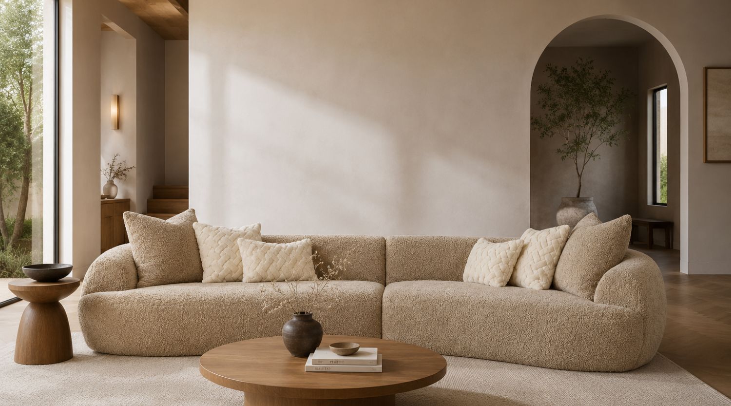 Modern luxury sectional sofa in a bright Japandi-style living room inspired by Vancouver interior design trends.