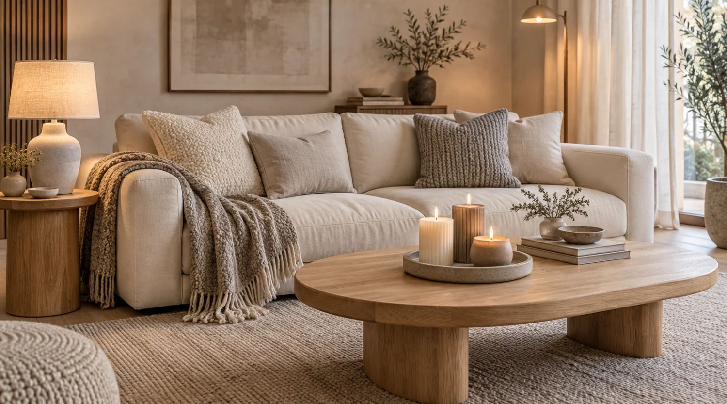 Cozy Japandi living room with a cream sofa, textured neutral pillows, knitted throw, grouped candles, and warm layered lighting.