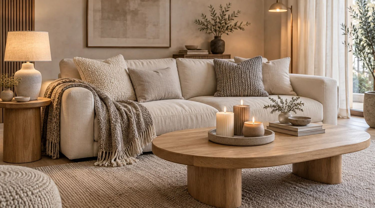 Cozy Japandi living room with a cream sofa, textured neutral pillows, knitted throw, grouped candles, and warm layered lighting.