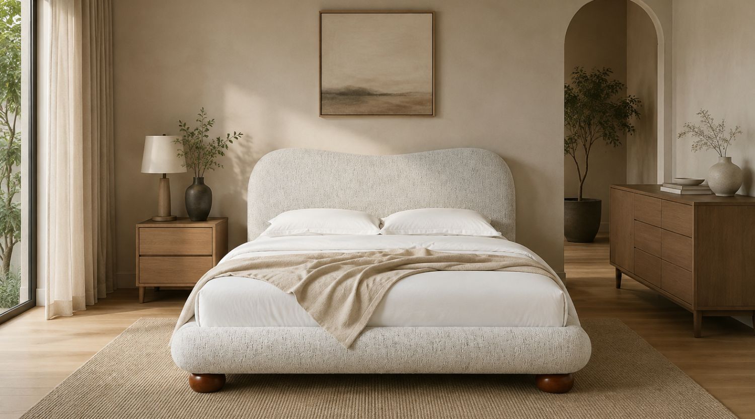 Japandi upholstered bed in a modern Scandinavian bedroom