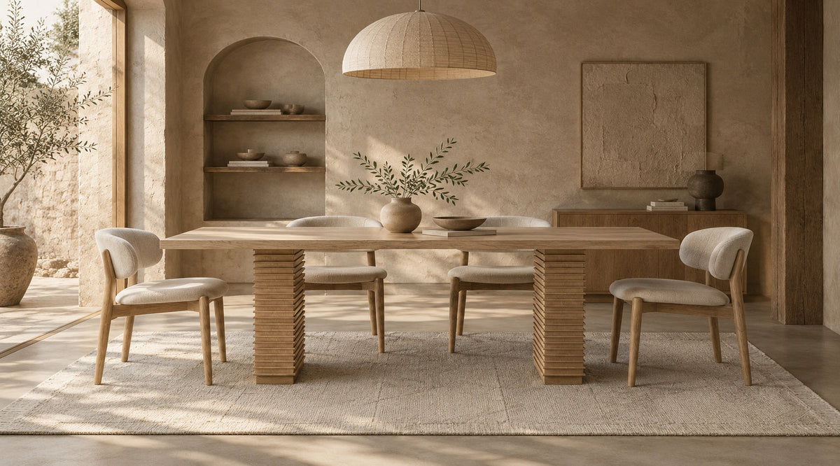 Japandi Scandinavian dining room with a natural wood dining table, neutral woven rug, cream upholstered chairs, warm textured walls, and minimalist Wabi-Sabi décor.