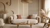 Modern Japandi living room with a sustainable luxury boucle sofa, natural wood furniture, neutral décor, and eco-friendly minimalist home design