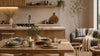 Japandi style kitchen with natural wood dining table, stoneware tableware and warm minimalist decor
