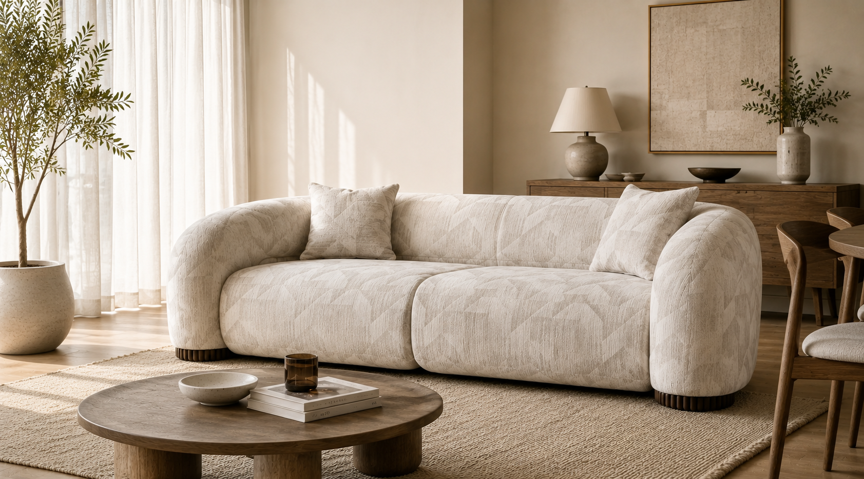 Modern Vancouver condo living room with a cream upholstered sofa, natural wood coffee table, neutral rug, and warm Scandinavian-inspired decor.