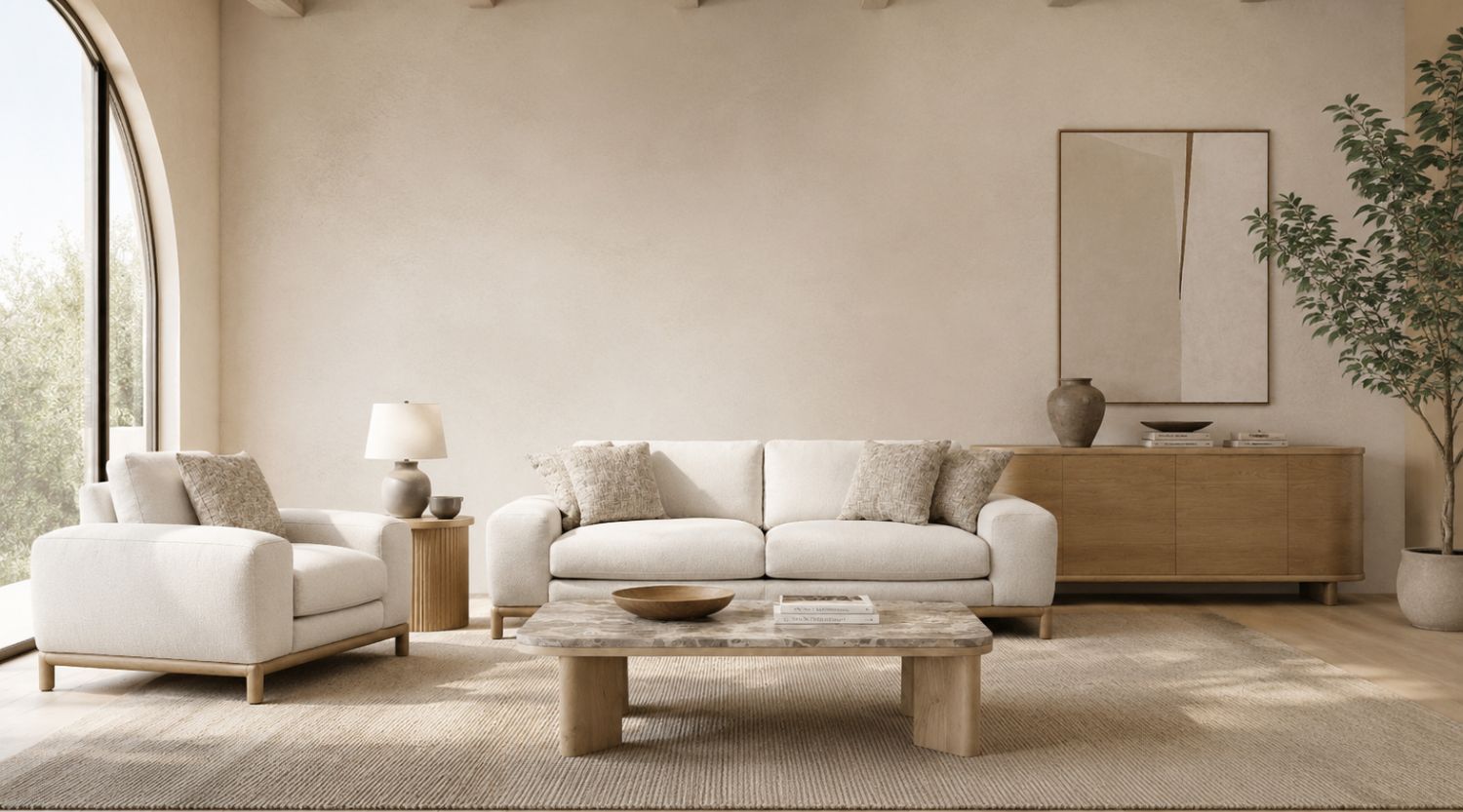 Japandi-style living room with a cream sofa, matching accent chair, stone-top wood coffee table, and warm natural interior.