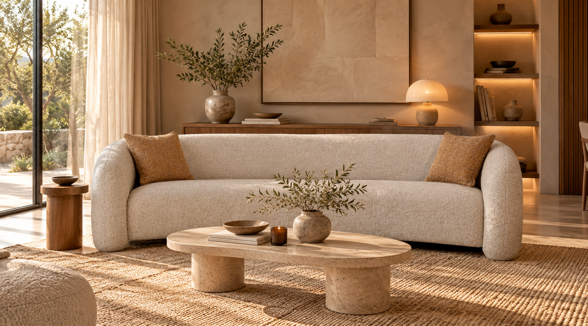 Elegant beige curved sofa with textured upholstery and brown cushions in a luxurious Japandi-style living room featuring warm lighting, natural wood accents, and a minimalist stone coffee table.