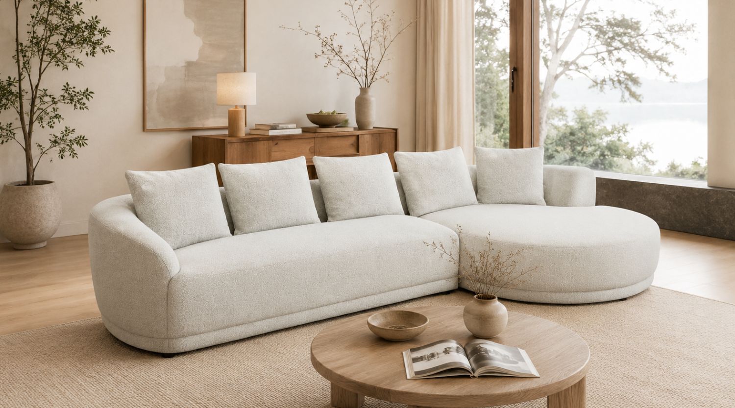 Curved white luxury sectional sofa in a bright Canadian modern living room with warm wood accents, neutral décor, and a round coffee table.