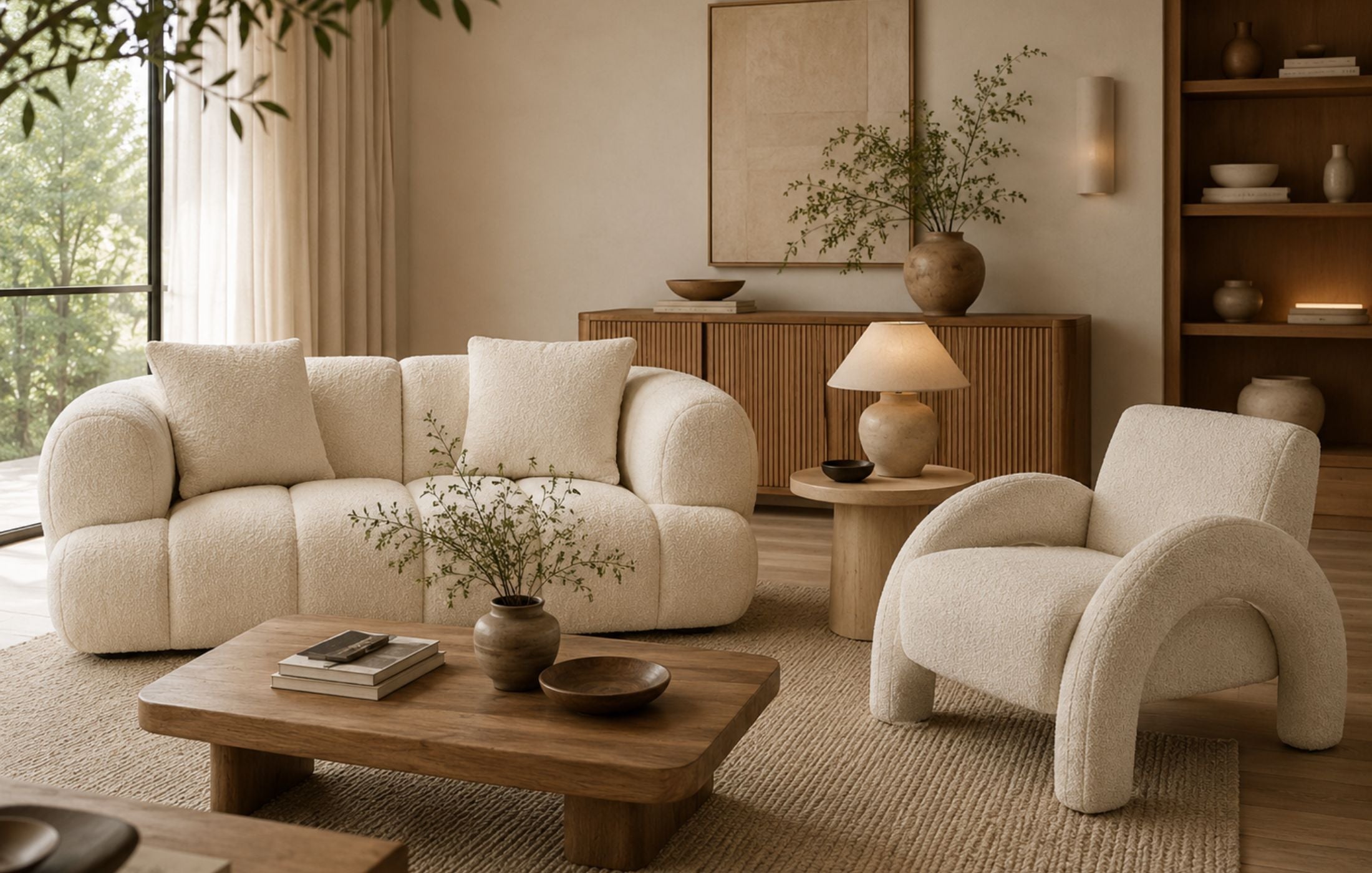 Luxury Japandi living room featuring a cream boucle accent chair with a matching curved sofa, oak furniture, neutral décor, and warm natural daylight.