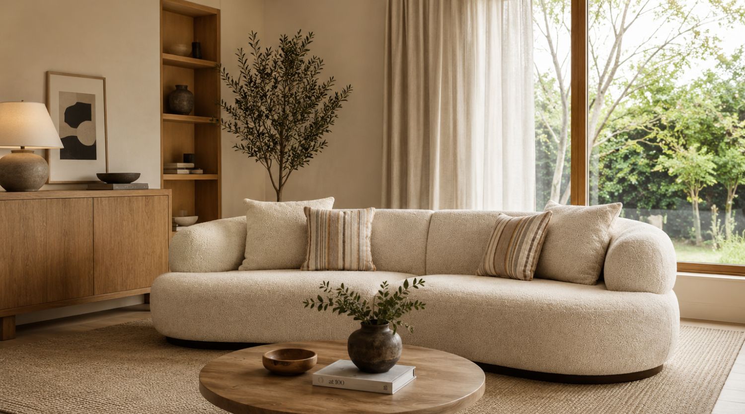 Isla 2-piece modular curved sofa displayed in a contemporary living room with natural wood furnishings and textured neutral décor.