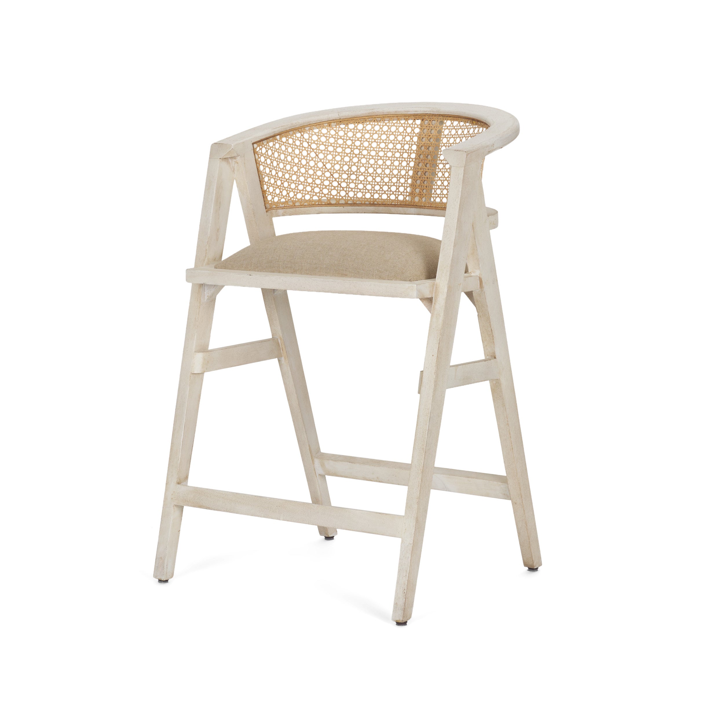 blonde Indian mango wood frame, triangular leg design, a curved cane back, and a padded natural linen seat.