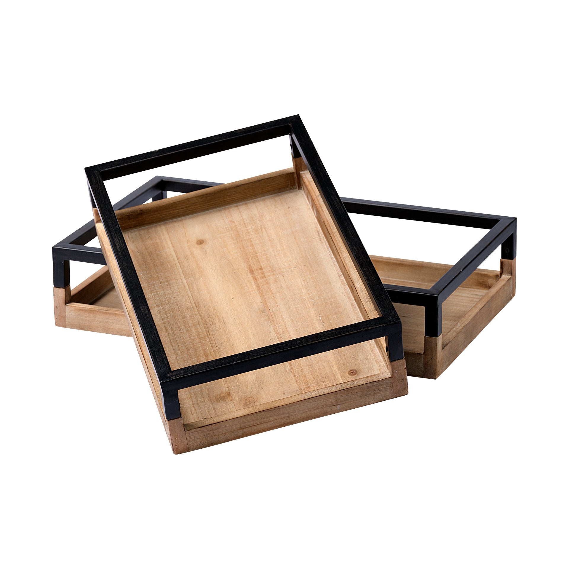 Ross Set of 2 Natural Wood W/ Black Metal Nesting Trays-thumbmail-1