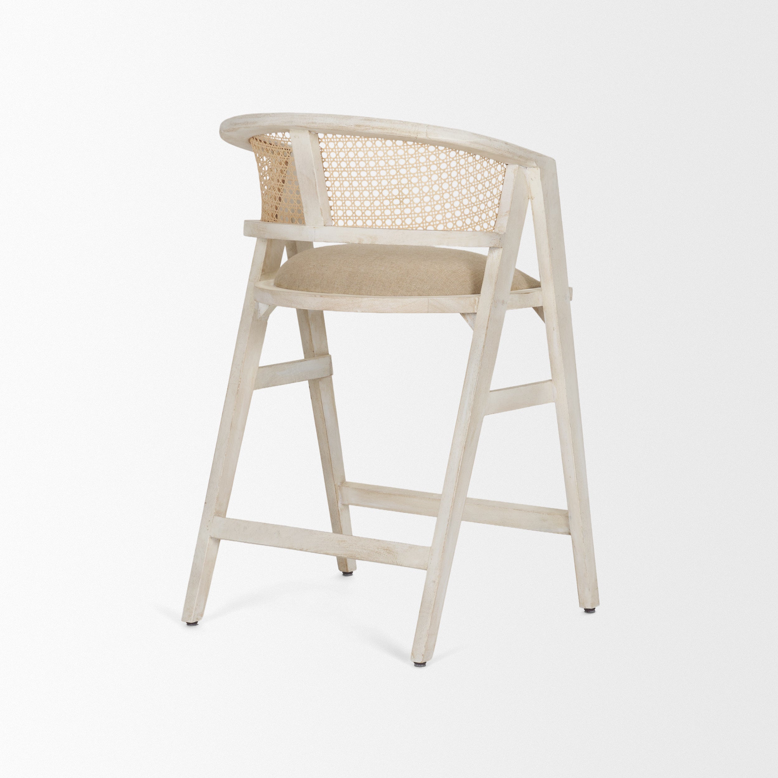 blonde Indian mango wood frame, triangular leg design, a curved cane back, and a padded natural linen seat.