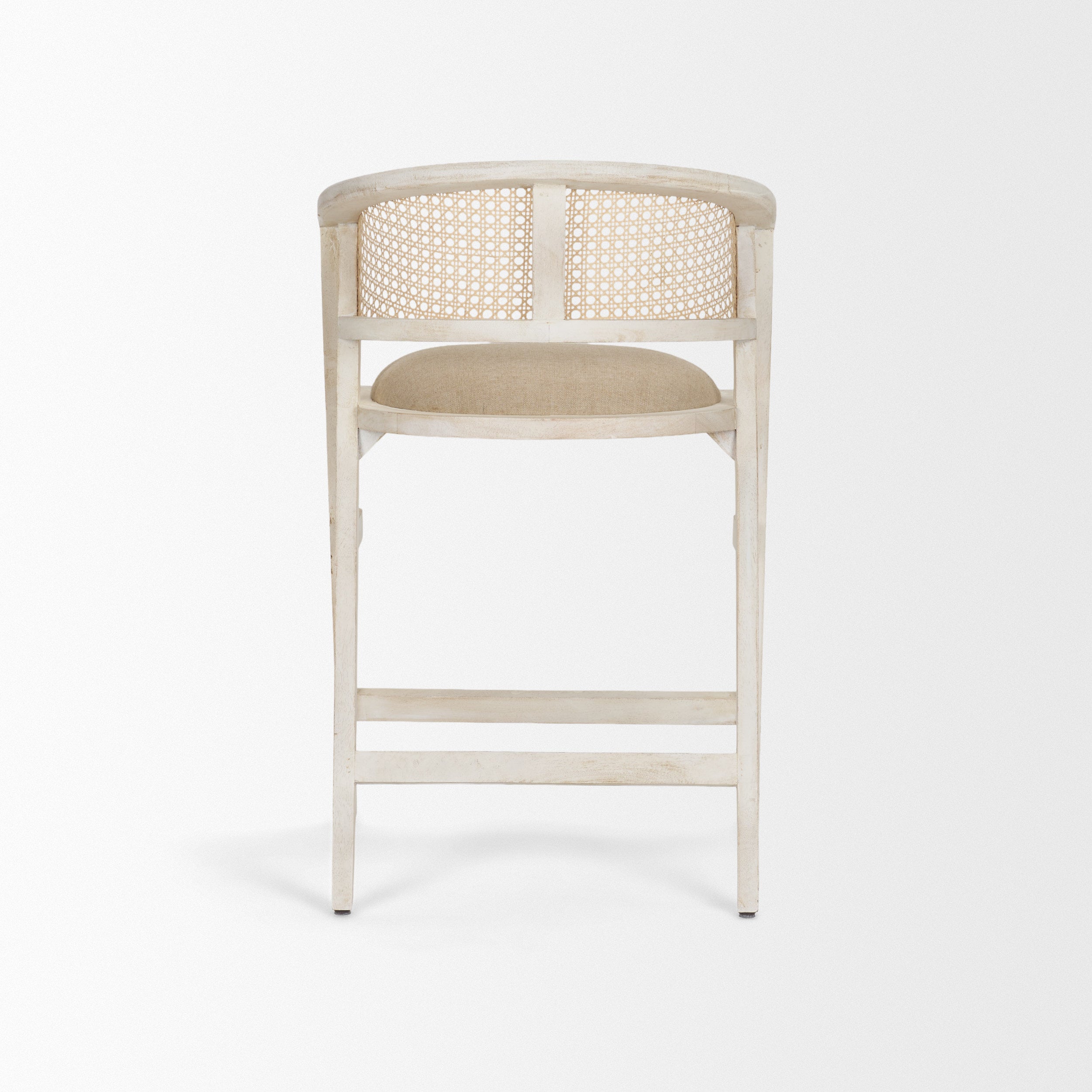 blonde Indian mango wood frame, triangular leg design, a curved cane back, and a padded natural linen seat.