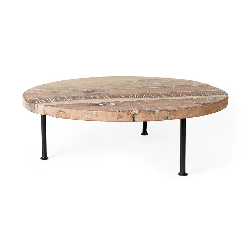 Cedric 20L x 20W x 4.5 Round Light Brown Wood w/ Black Metal Legs Decorative Display Stand