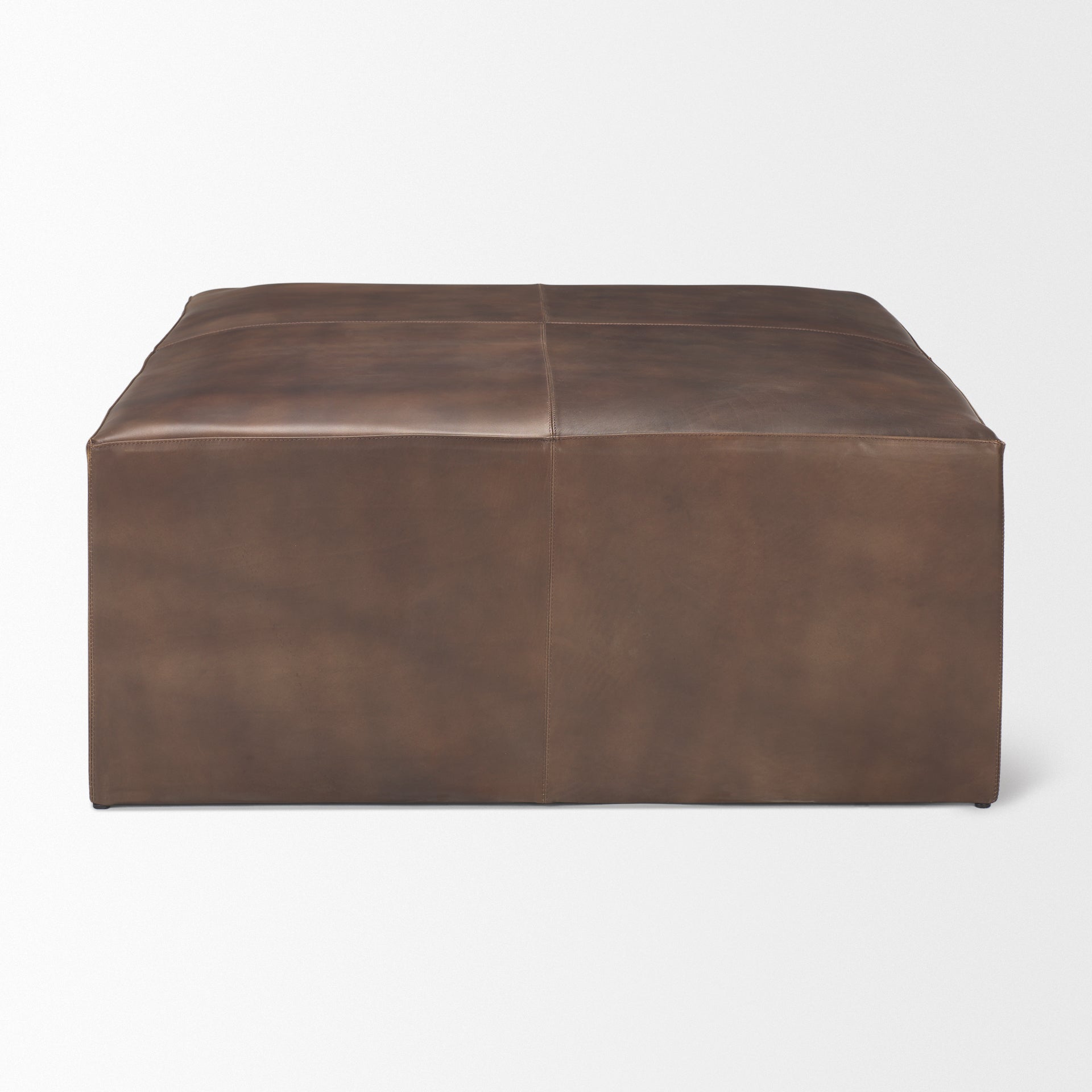 Minara Square Brown Leather Wrapped w/Wood Base Ottoman-thumbmail-2