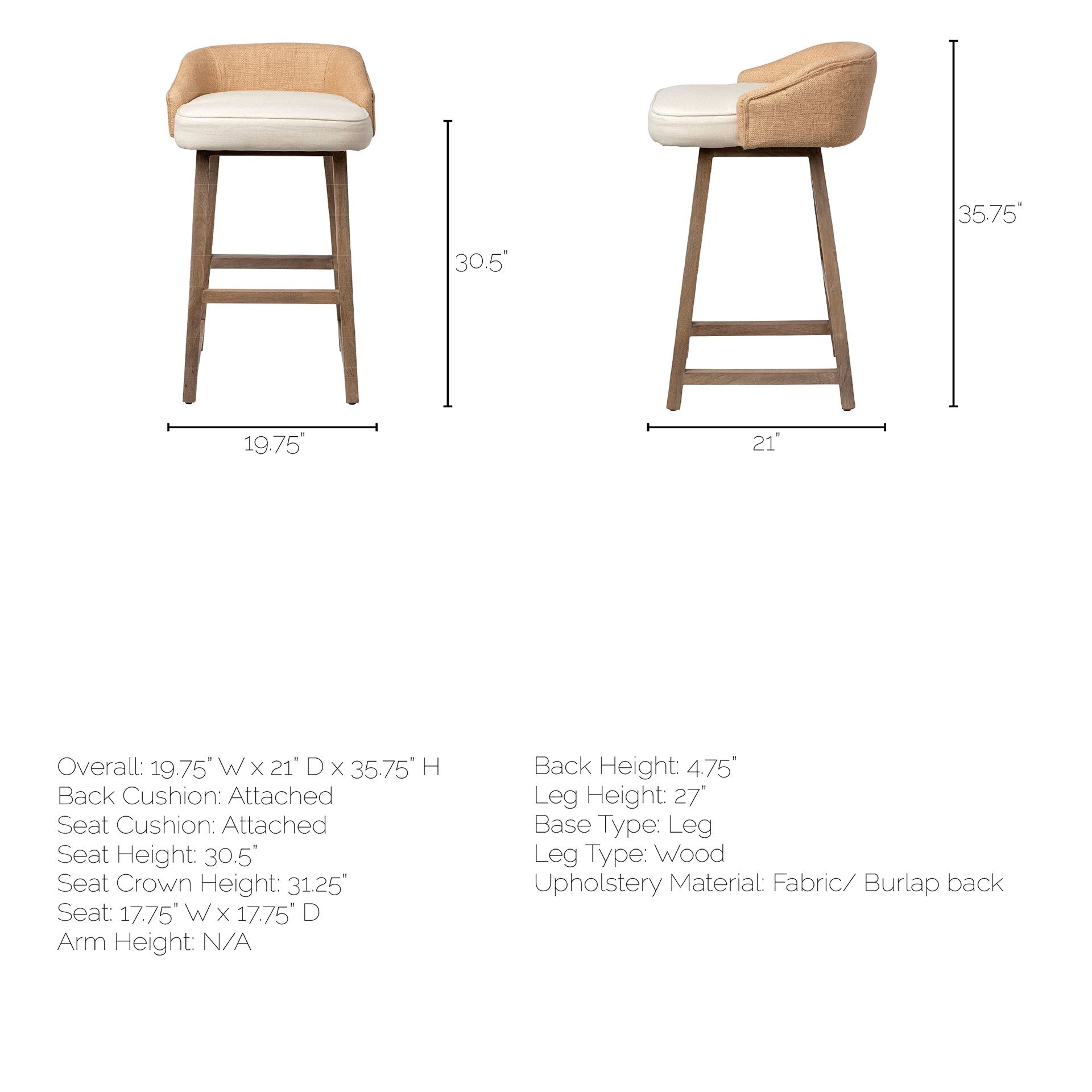 Monmouth Cream Fabric | Brown Wood | Bar Stool