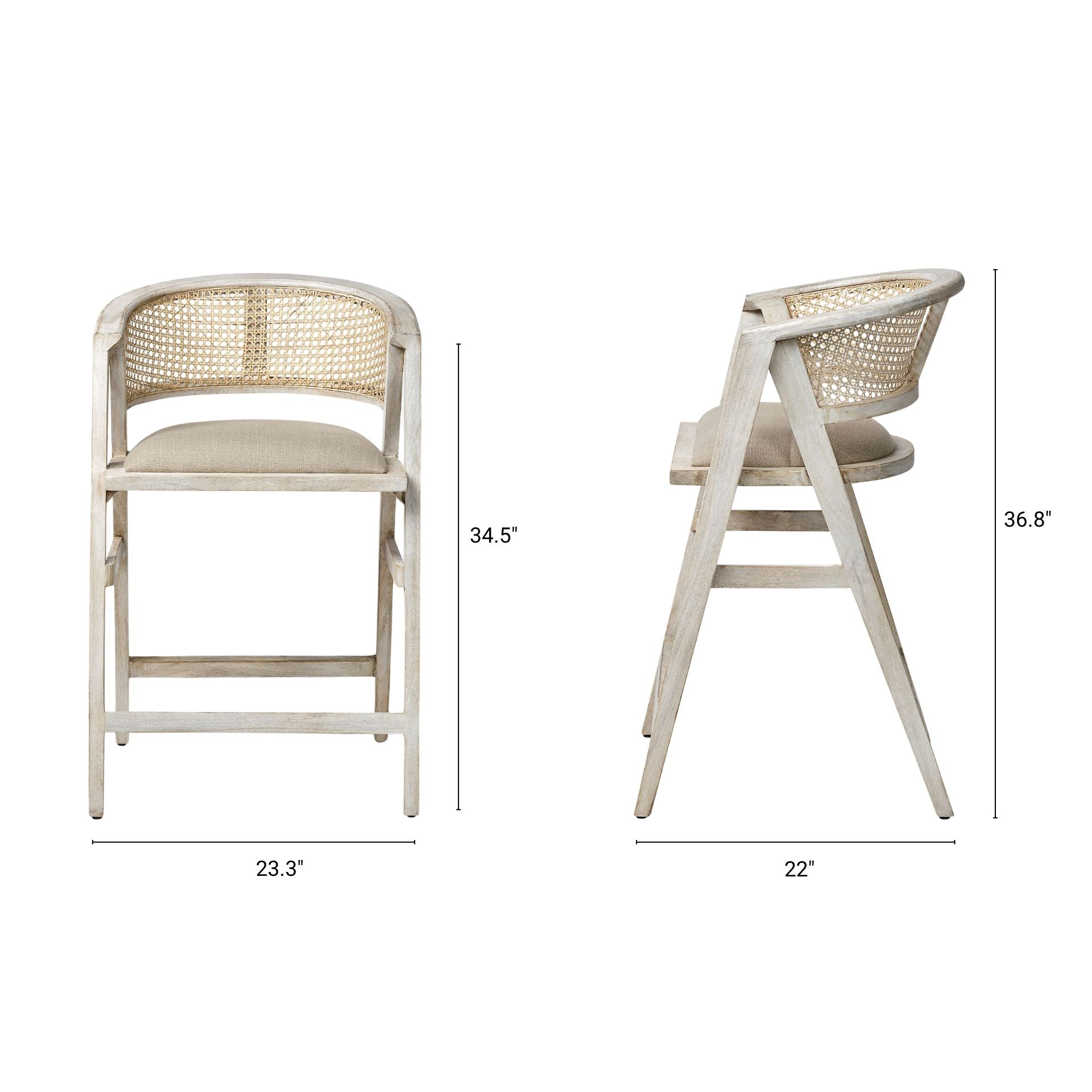 blonde Indian mango wood frame, triangular leg design, a curved cane back, and a padded natural linen seat.