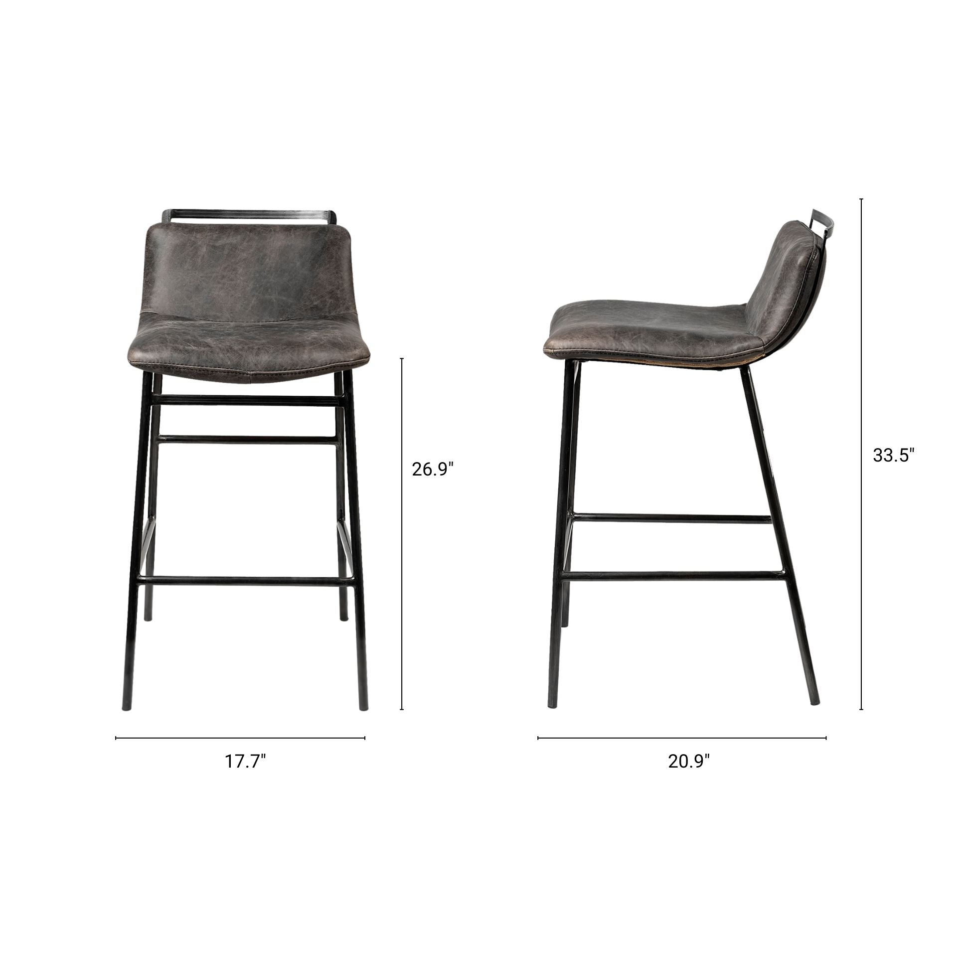 Kavalan 33.5" Total Height Ebony Leather Seat Black Metal Frame Counter Stool