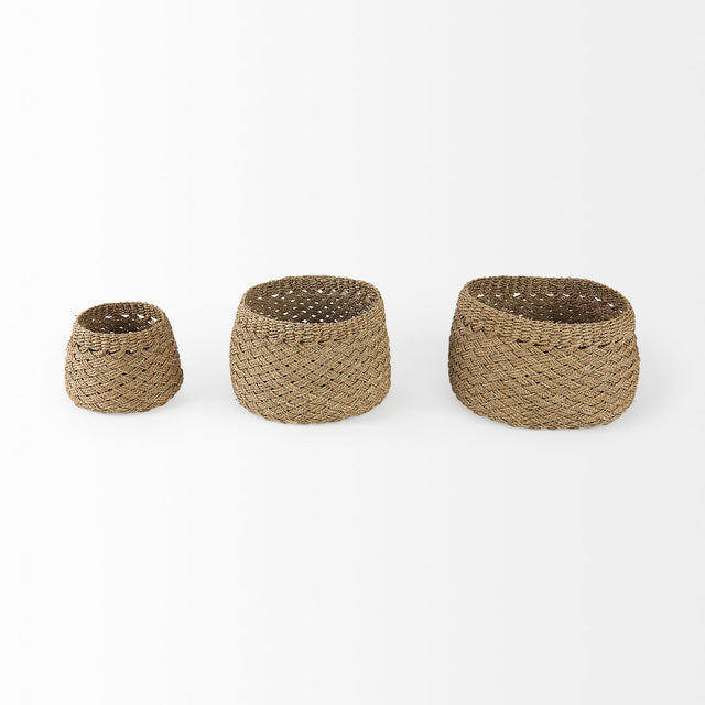 Jarek Brown Seagrass Round Basket Cross Weave  (Set of 3)