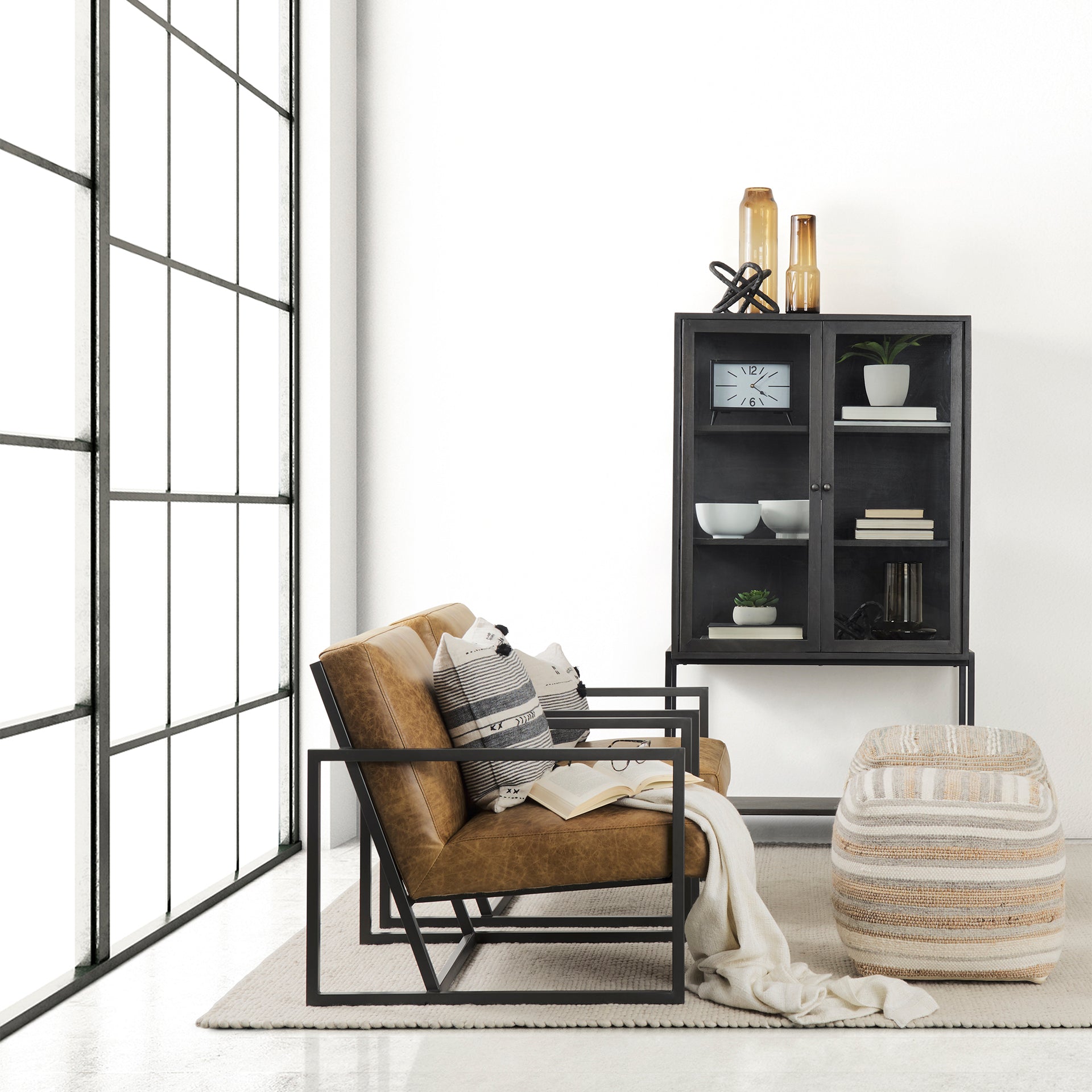 Elevated angled view showcasing the uniform striped pattern across the top and sides of the woven ottoman