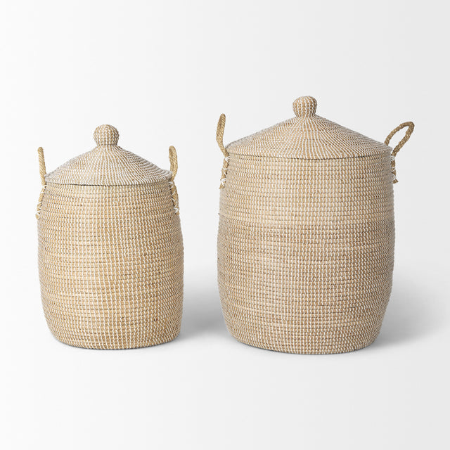 Kairi Set of 2 Seagrass Floor Baskets w/ Lids and Handles-thumbmail-2