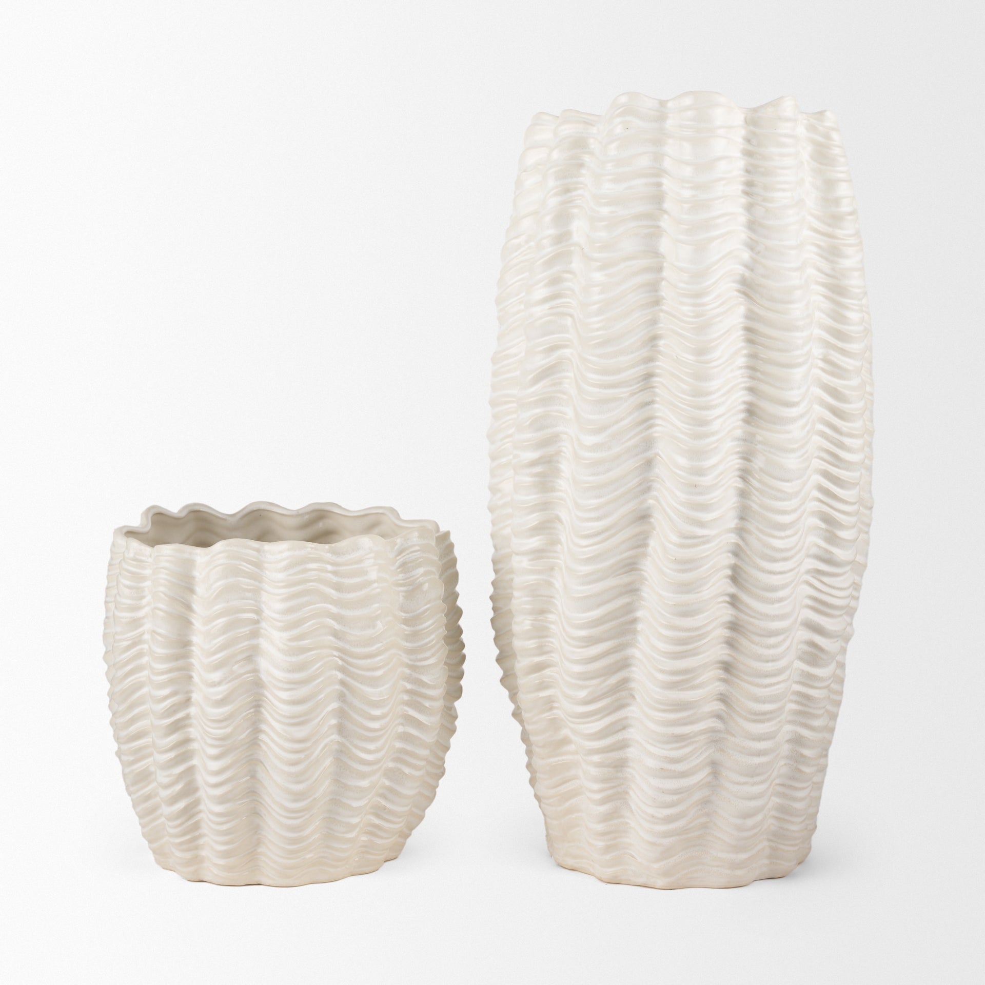 Velia Short Seashell Sculptural Cream Glazed Ceramic Vase