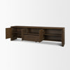 Wooden entertainment console with open doors 